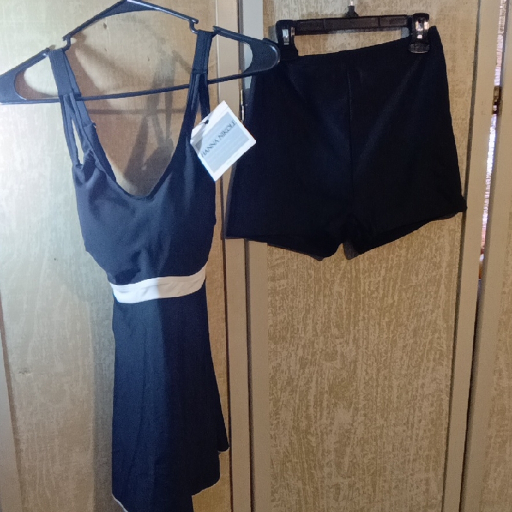 NEW Black One-Piece Swim Dress with White Waistband by Island Company